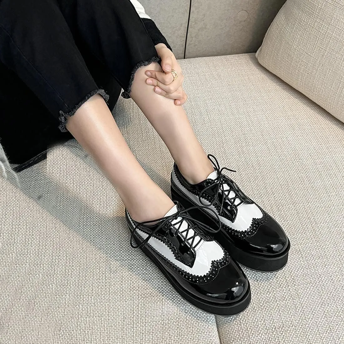 ClassicSter Women's Platform Lace Up Patent Leather Wingtips Round Toe Casual Oxford Shoes Brogues