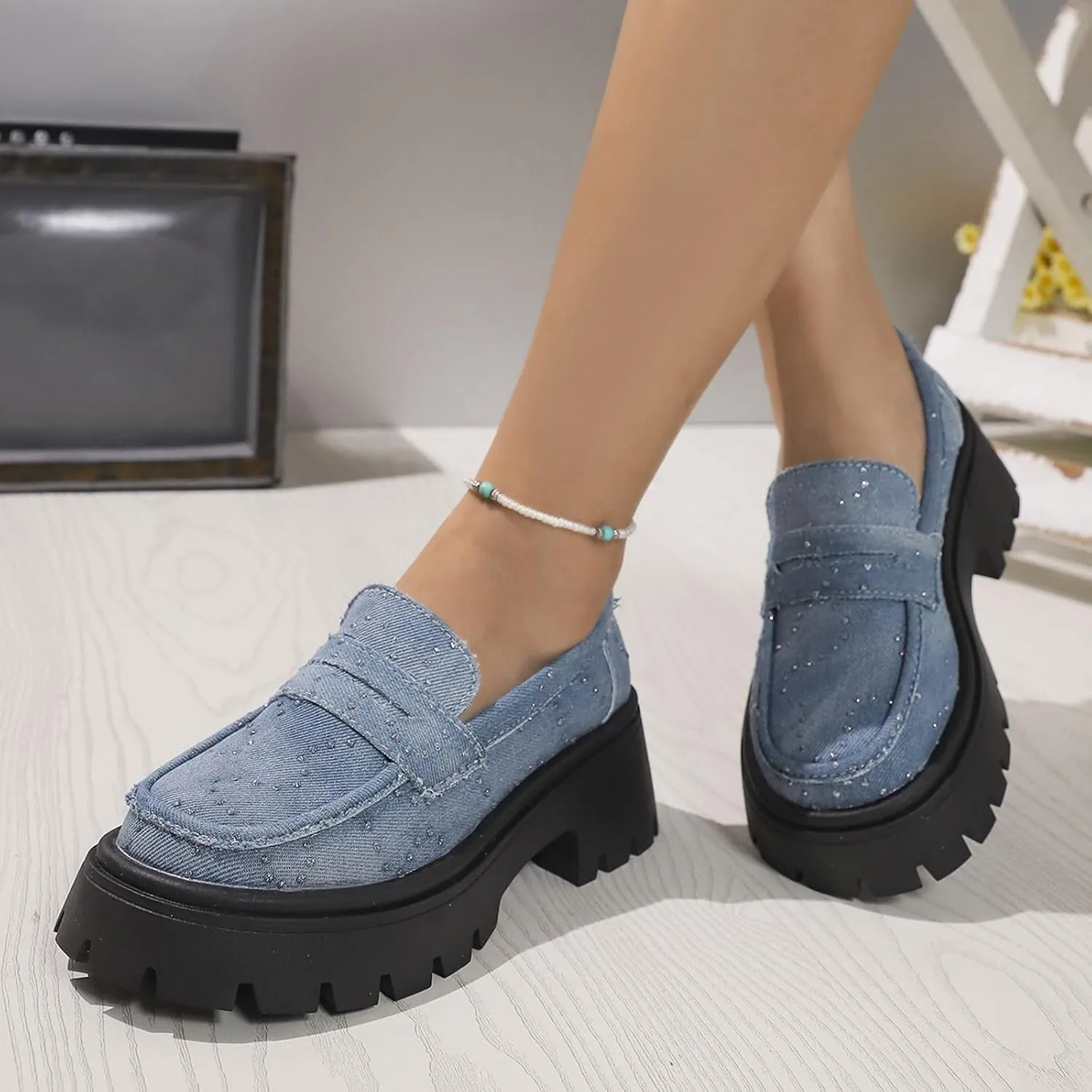 Denim Loafers for Women Rhinestones Sparkly Low Top Chunky Heel Classic Casual Boat Shoes Ladies Cushioned Footbed Jogging Tennis Sneakers Breathable Comfy Walking Shoe for Daily Wear