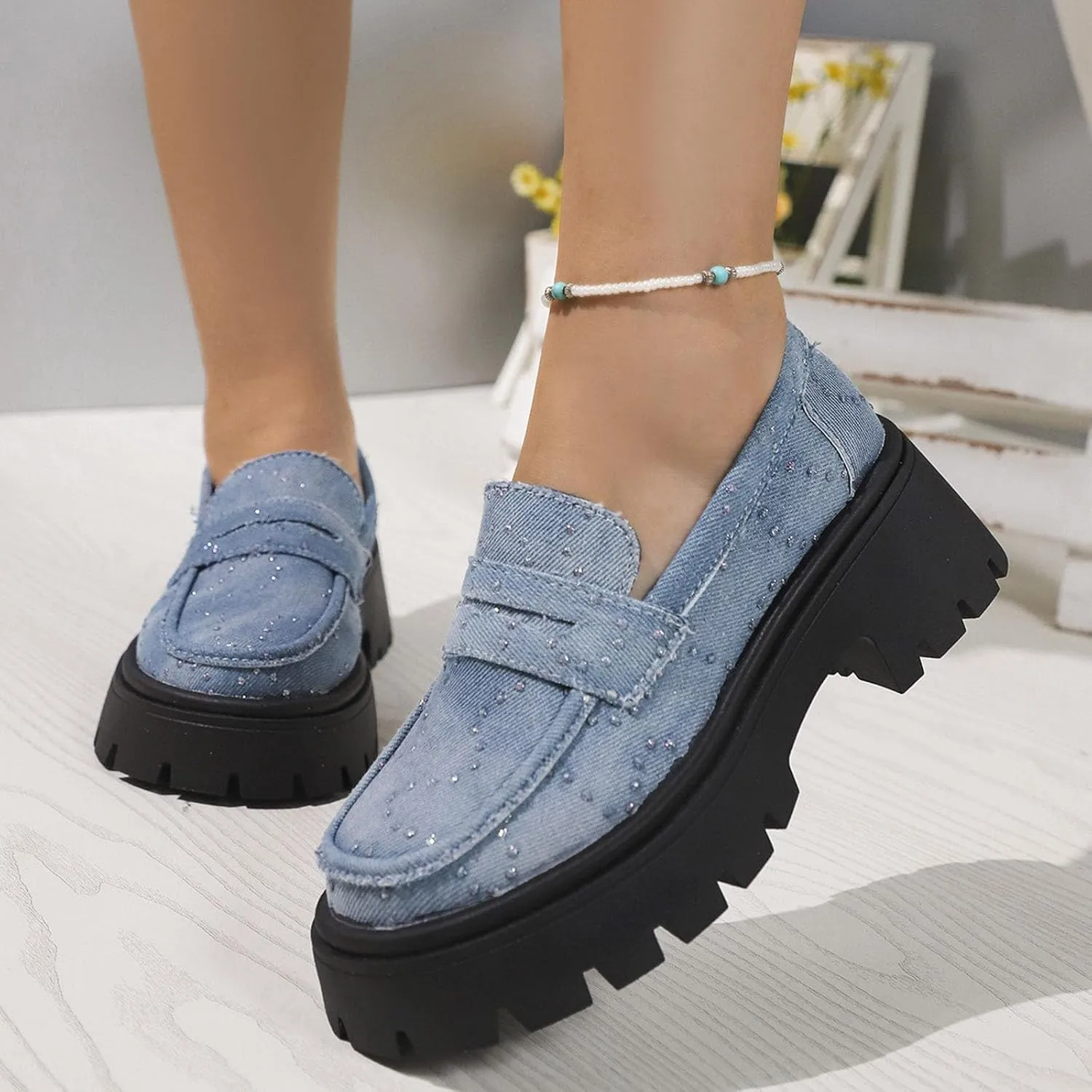 Denim Loafers for Women Rhinestones Sparkly Low Top Chunky Heel Classic Casual Boat Shoes Ladies Cushioned Footbed Jogging Tennis Sneakers Breathable Comfy Walking Shoe for Daily Wear