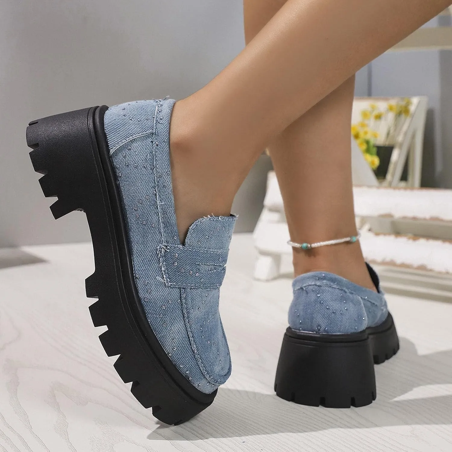 Denim Loafers for Women Rhinestones Sparkly Low Top Chunky Heel Classic Casual Boat Shoes Ladies Cushioned Footbed Jogging Tennis Sneakers Breathable Comfy Walking Shoe for Daily Wear