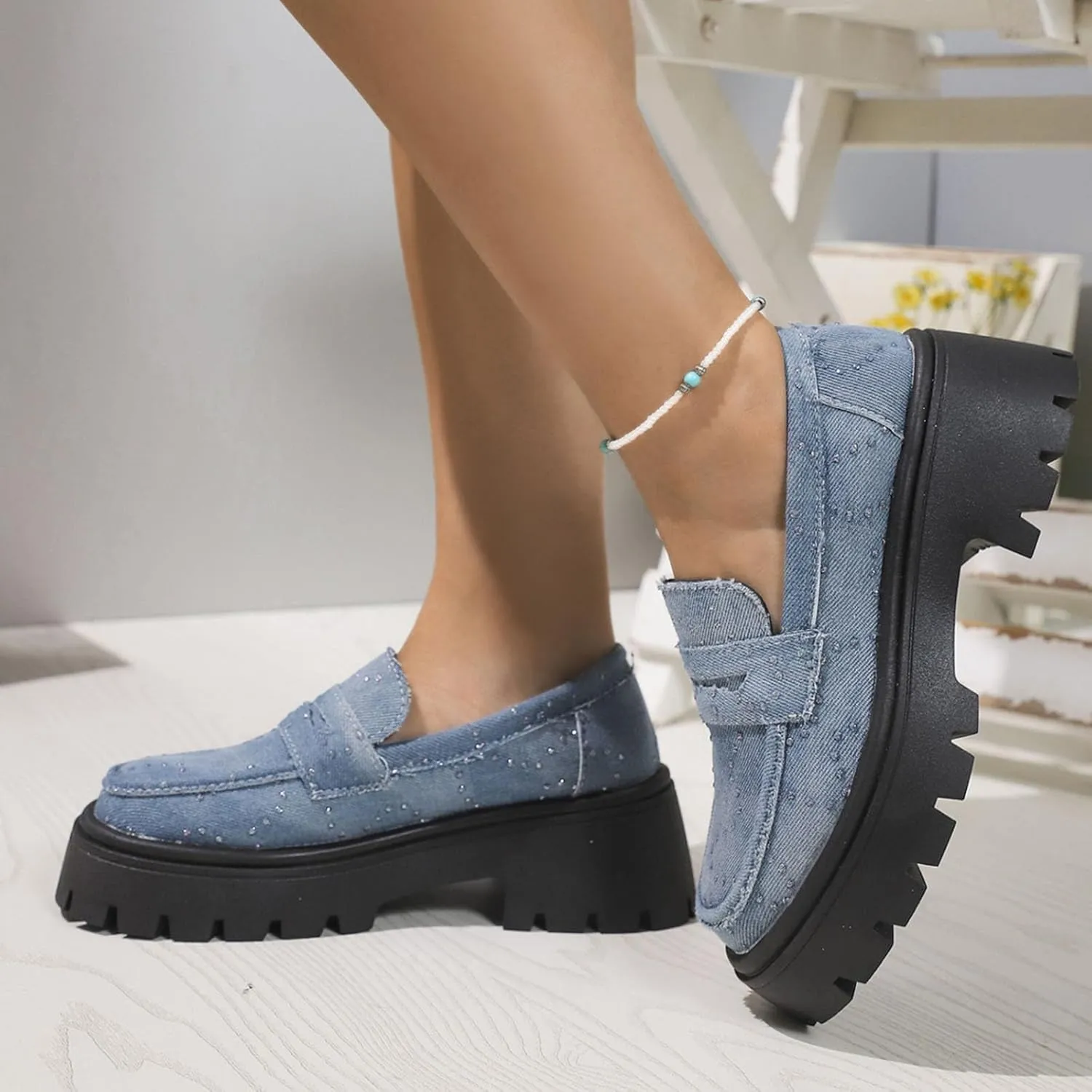 Denim Loafers for Women Rhinestones Sparkly Low Top Chunky Heel Classic Casual Boat Shoes Ladies Cushioned Footbed Jogging Tennis Sneakers Breathable Comfy Walking Shoe for Daily Wear