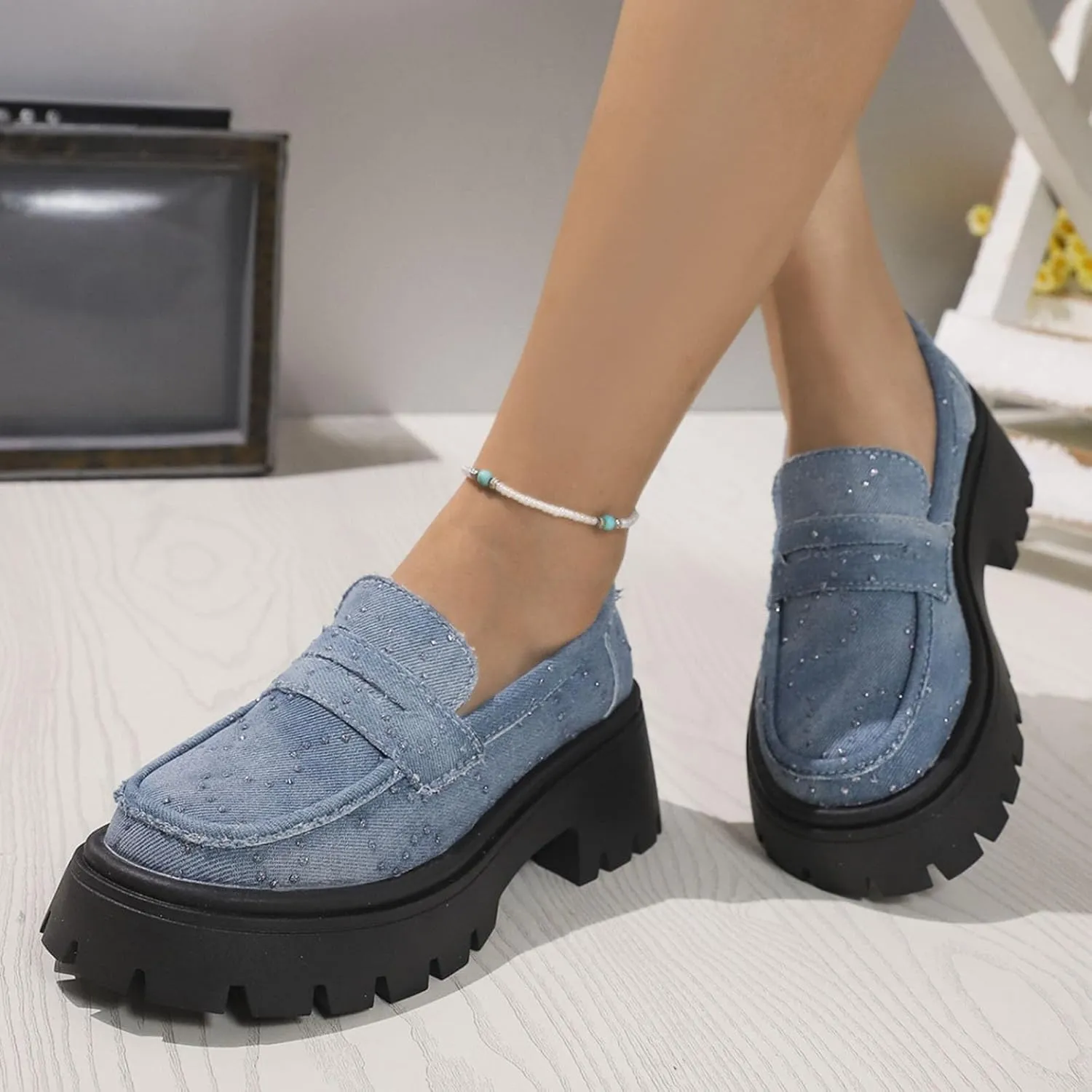 Denim Loafers for Women Rhinestones Sparkly Low Top Chunky Heel Classic Casual Boat Shoes Ladies Cushioned Footbed Jogging Tennis Sneakers Breathable Comfy Walking Shoe for Daily Wear