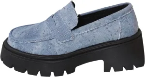 Denim Loafers for Women Rhinestones Sparkly Low Top Chunky Heel Classic Casual Boat Shoes Ladies Cushioned Footbed Jogging Tennis Sneakers Breathable Comfy Walking Shoe for Daily Wear