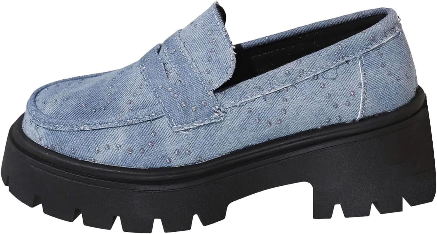 Denim Loafers for Women Rhinestones Sparkly Low Top Chunky Heel Classic Casual Boat Shoes Ladies Cushioned Footbed Jogging Tennis Sneakers Breathable Comfy Walking Shoe for Daily Wear
