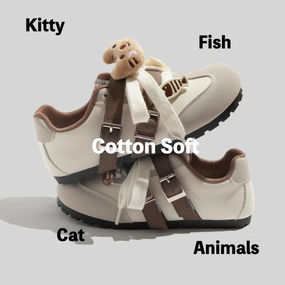 Girls Y2K Cute Teen Training Sneakers Hook & Loop Sticky Force Shoes for Students All Season Everyday Style with Kitty Animal Charms