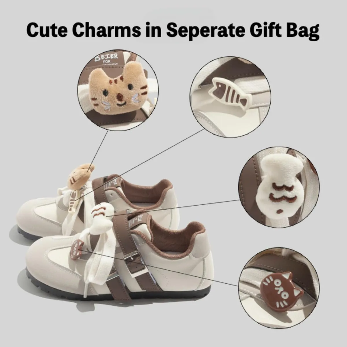Girls Y2K Cute Teen Training Sneakers Hook & Loop Sticky Force Shoes for Students All Season Everyday Style with Kitty Animal Charms