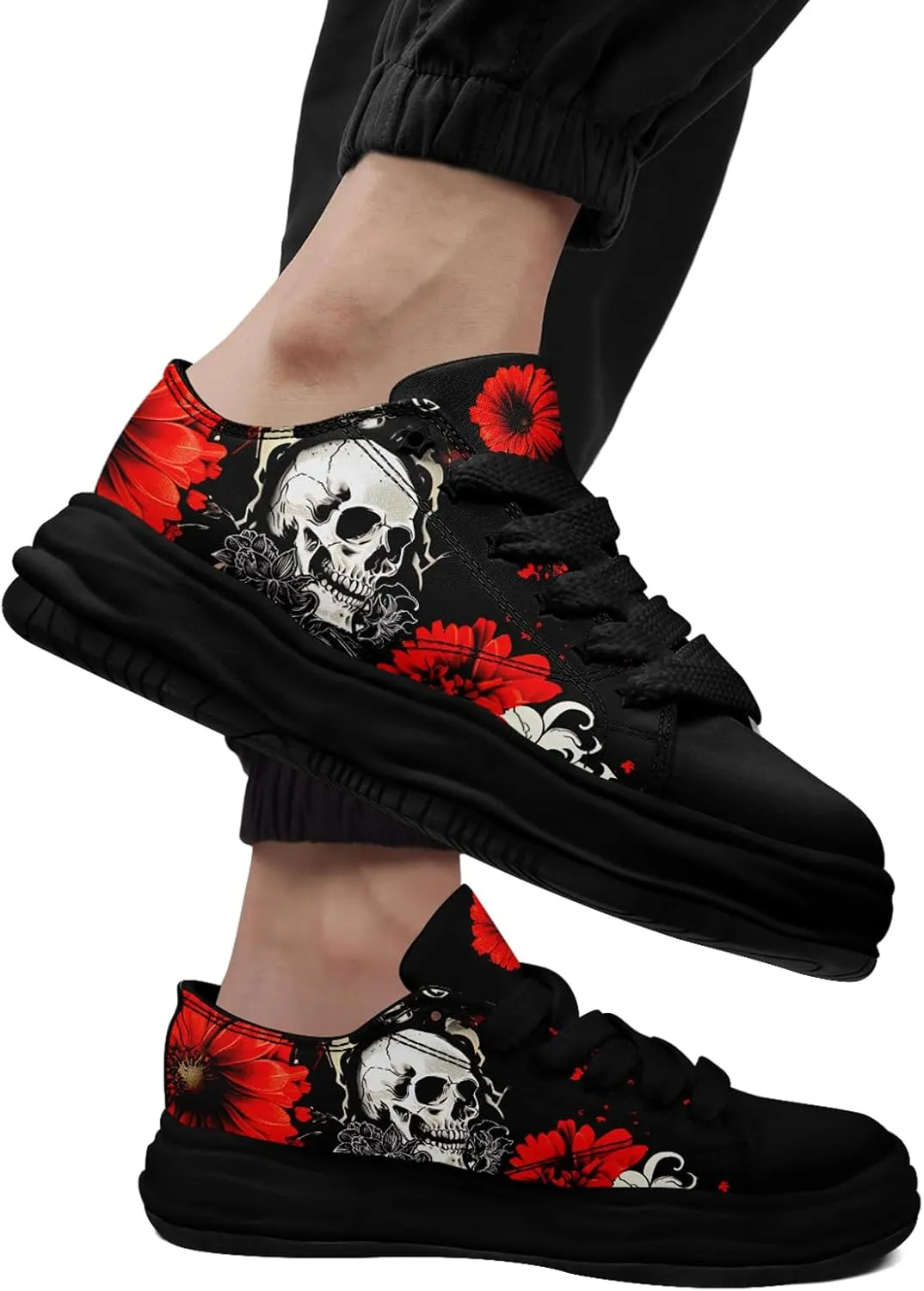 Gothic Canvas Sneakers for Men Women Skull Print Comfortable Lace-Up Casual Shoes Durable Walking Sneakers for Everyday Wear