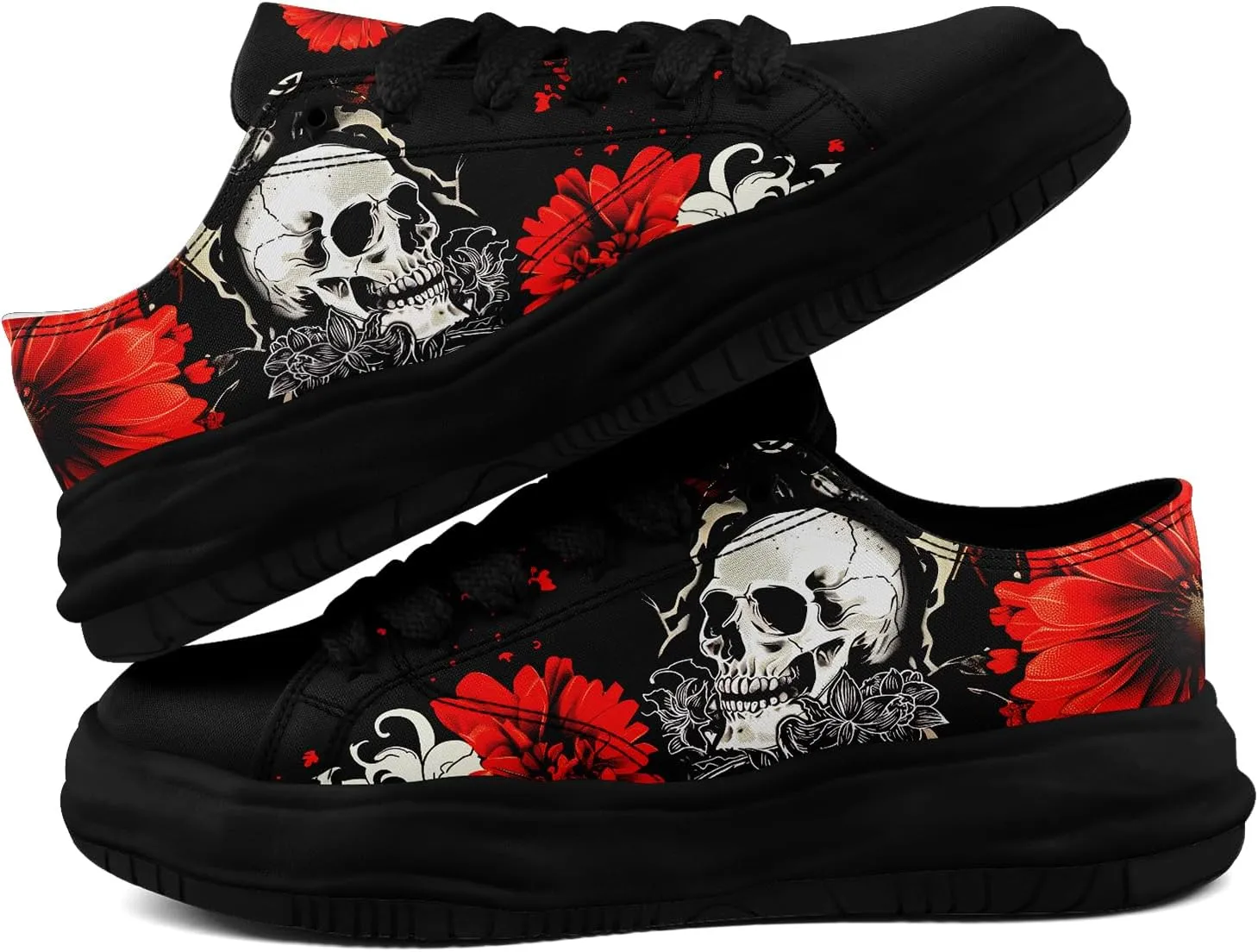 Gothic Canvas Sneakers for Men Women Skull Print Comfortable Lace-Up Casual Shoes Durable Walking Sneakers for Everyday Wear