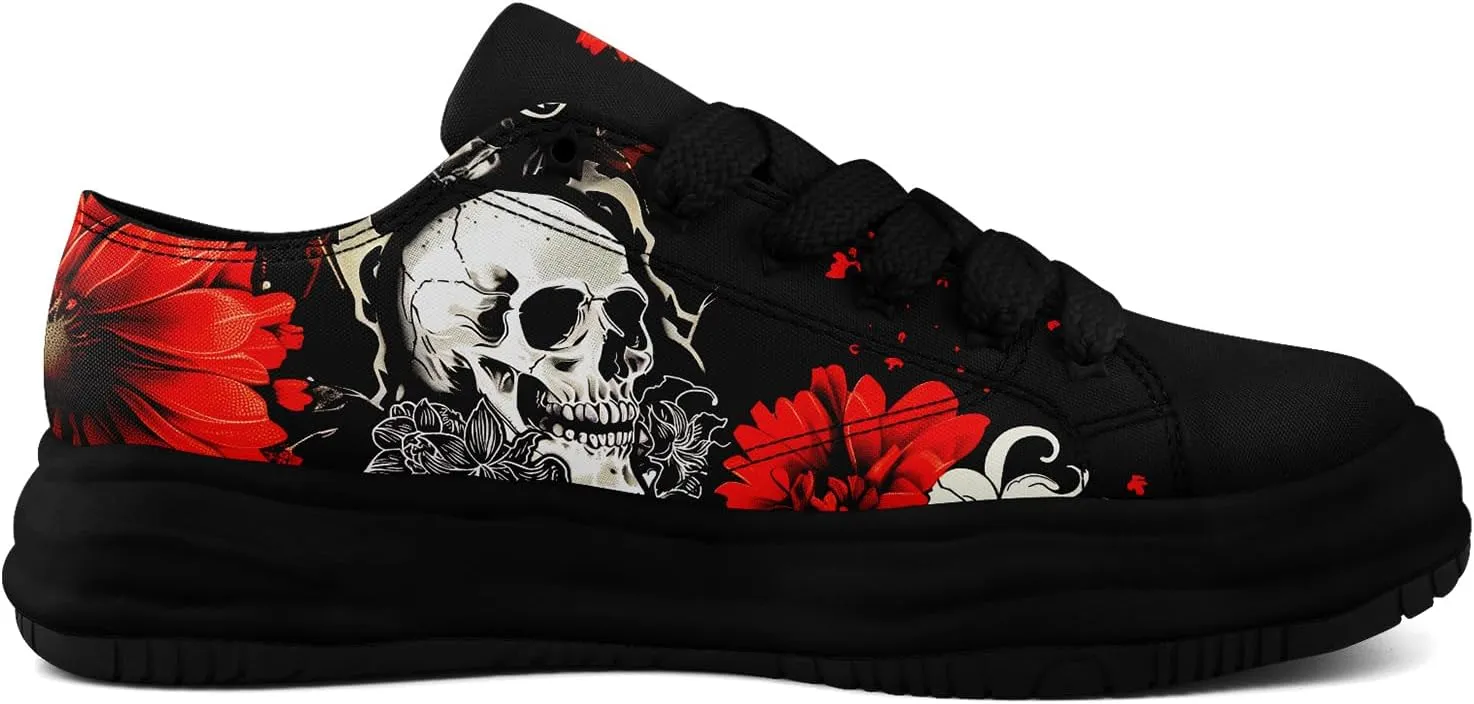 Gothic Canvas Sneakers for Men Women Skull Print Comfortable Lace-Up Casual Shoes Durable Walking Sneakers for Everyday Wear