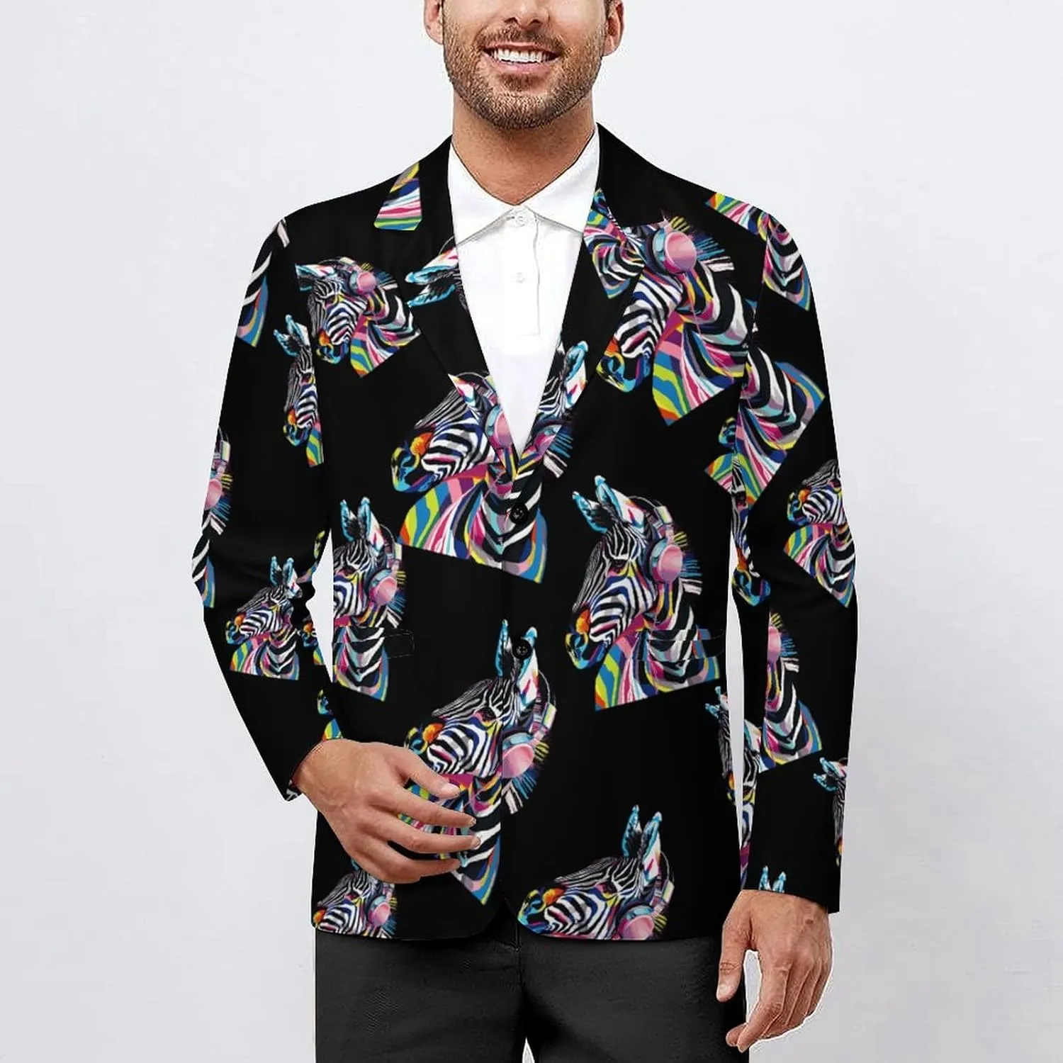 Graffiti Zebra Wearing Headphones Men's Fashion Slim Fit Casual Print Button Suit Jacket Notched Lapel Blazer