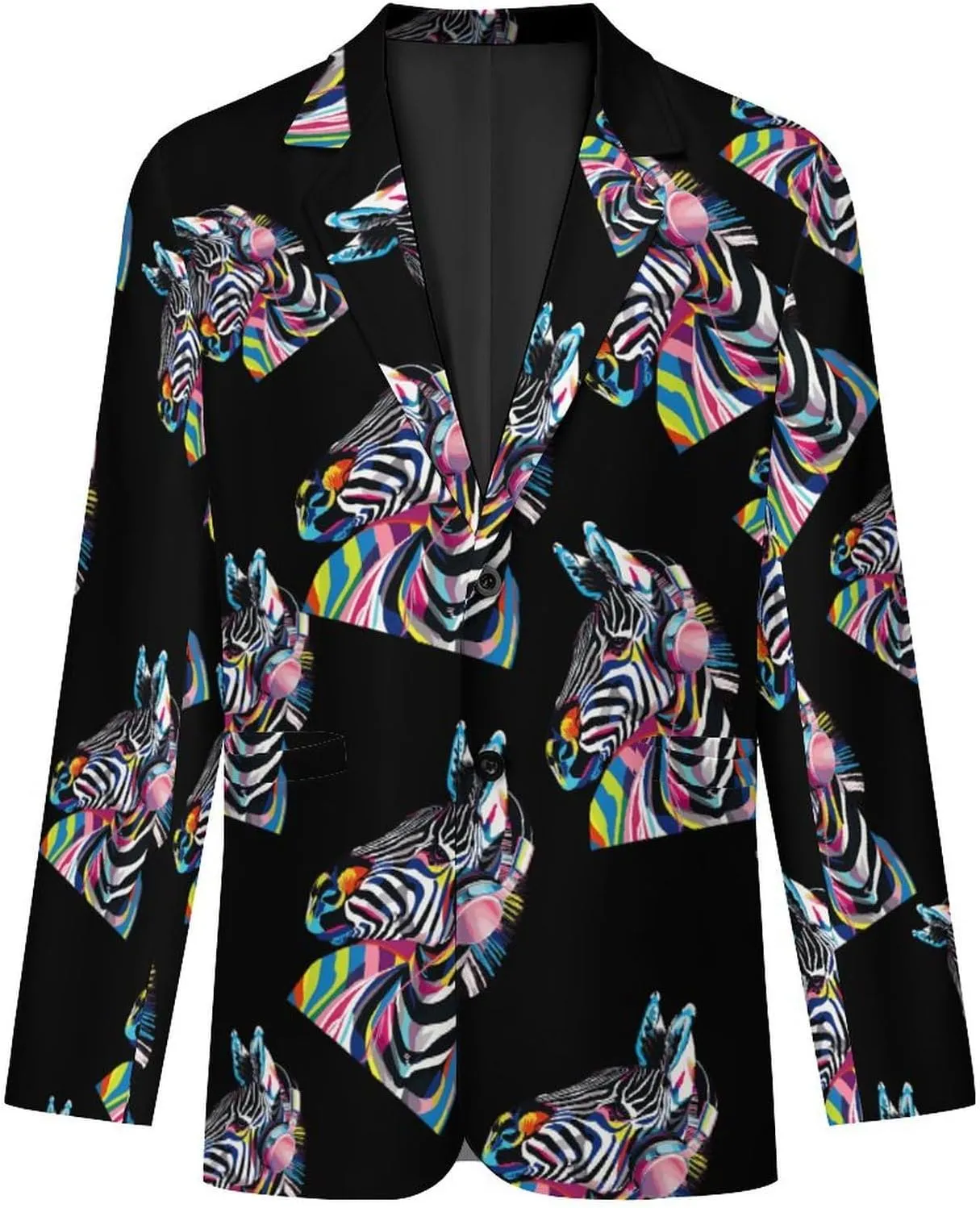 Graffiti Zebra Wearing Headphones Men's Fashion Slim Fit Casual Print Button Suit Jacket Notched Lapel Blazer