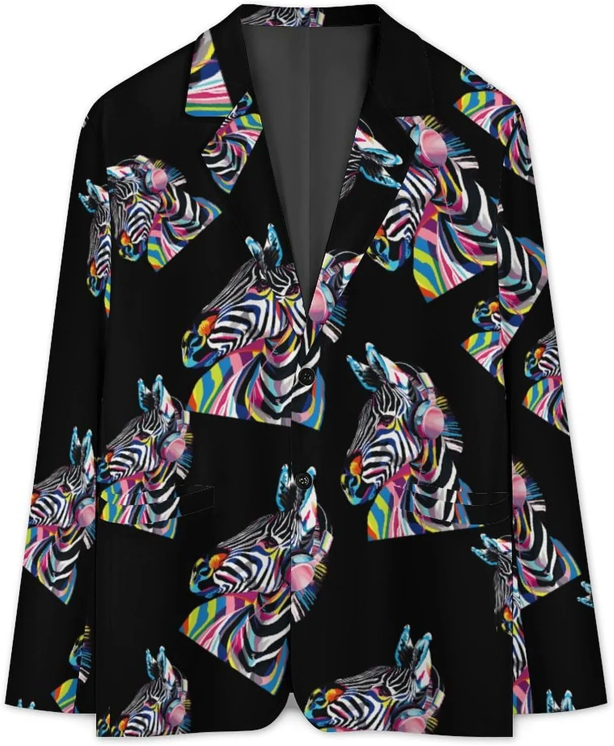 Graffiti Zebra Wearing Headphones Men's Fashion Slim Fit Casual Print Button Suit Jacket Notched Lapel Blazer