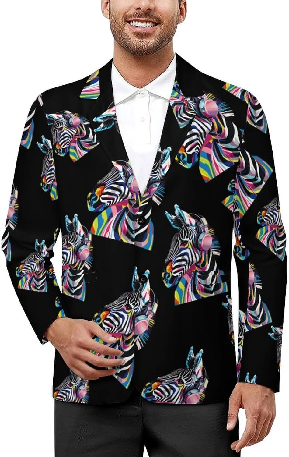 Graffiti Zebra Wearing Headphones Men's Fashion Slim Fit Casual Print Button Suit Jacket Notched Lapel Blazer