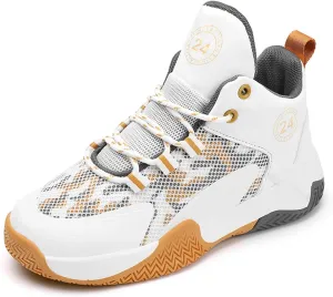 Kids Basketball Shoes Boys Air Cushion Sneakers Mid Top Training Shoes Non-Slip Sports Shoes Comfortable Shoes (White, 4.5 Big Kids)