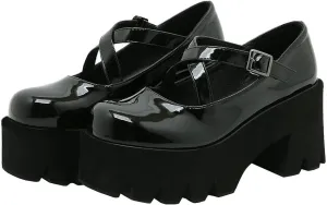 KIKIVIVI Womens Mary Jane Patent Leather Platform Chunky Heel Pumps Cross Strap Uniform Dress Shoes