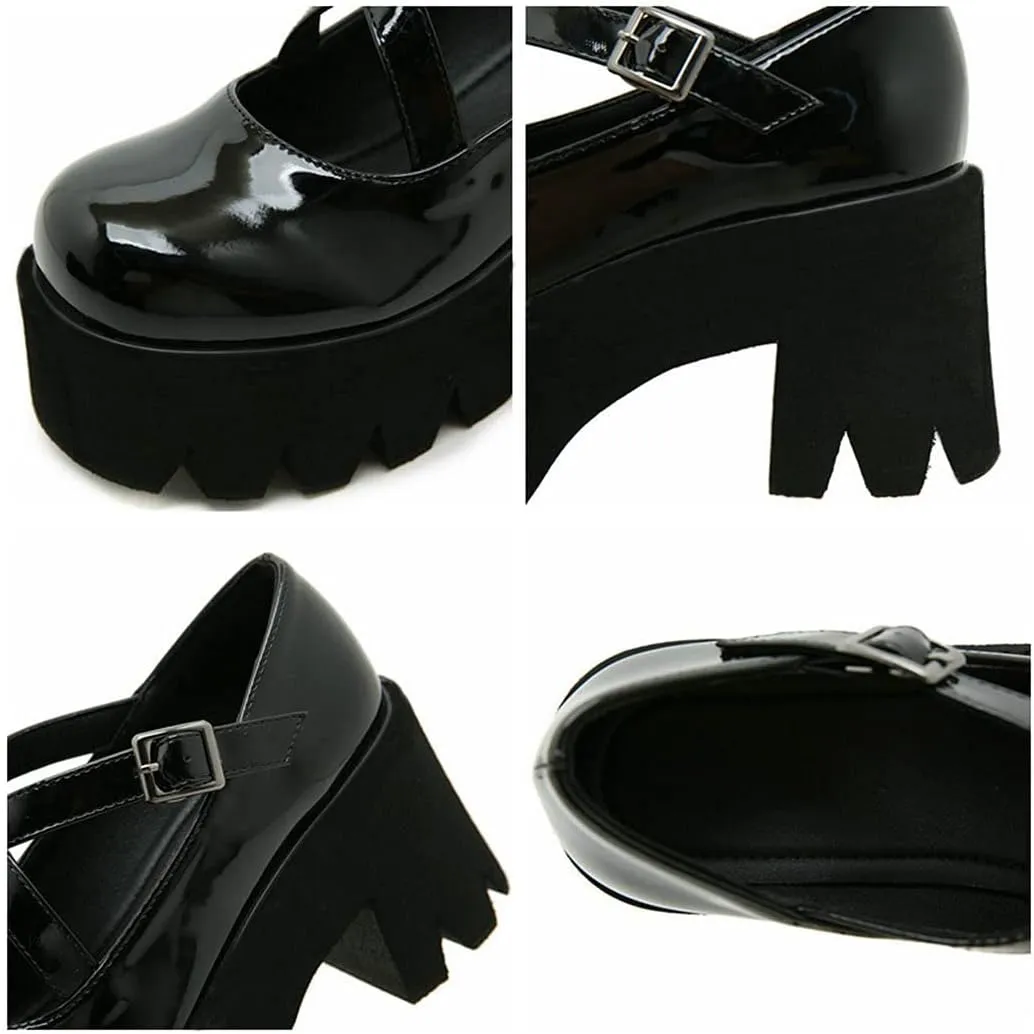 KIKIVIVI Womens Mary Jane Patent Leather Platform Chunky Heel Pumps Cross Strap Uniform Dress Shoes