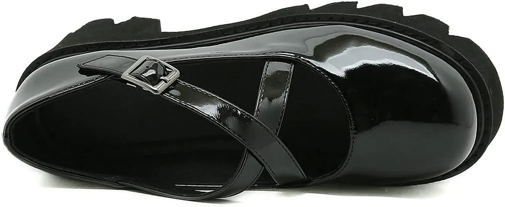 KIKIVIVI Womens Mary Jane Patent Leather Platform Chunky Heel Pumps Cross Strap Uniform Dress Shoes