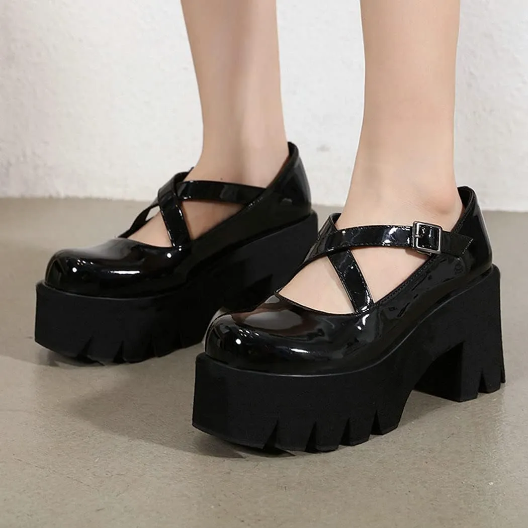 KIKIVIVI Womens Mary Jane Patent Leather Platform Chunky Heel Pumps Cross Strap Uniform Dress Shoes
