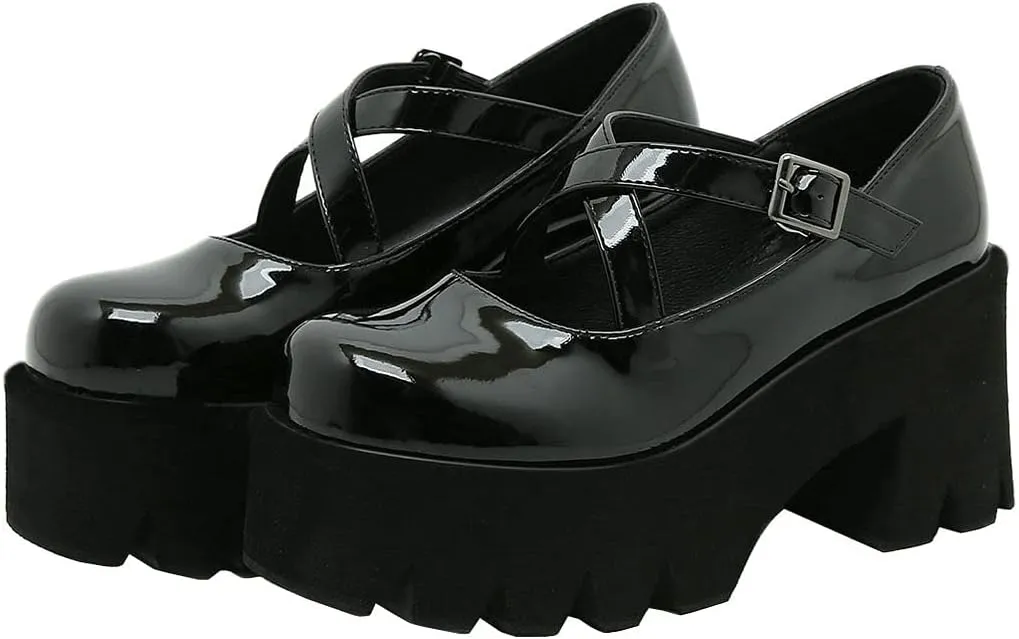 KIKIVIVI Womens Mary Jane Patent Leather Platform Chunky Heel Pumps Cross Strap Uniform Dress Shoes