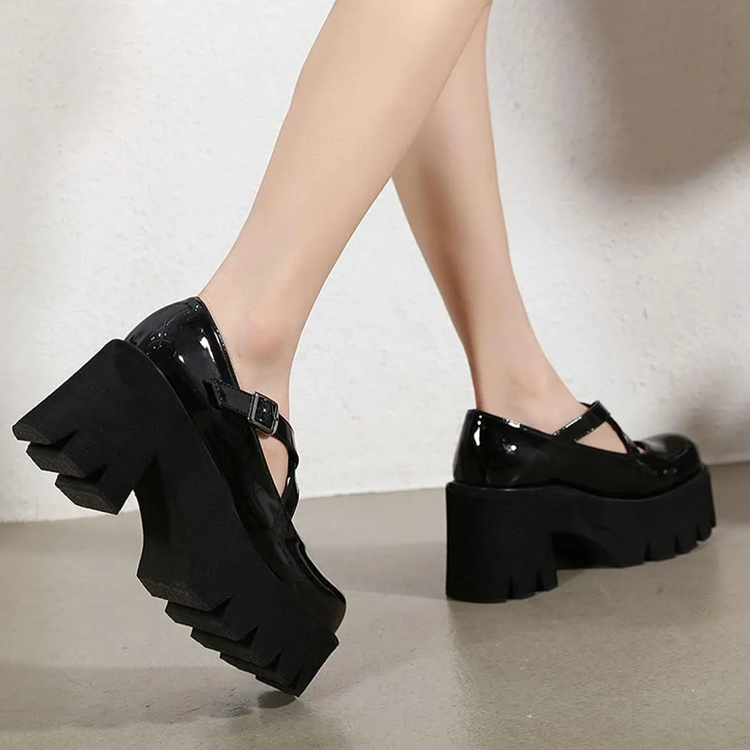 KIKIVIVI Womens Mary Jane Patent Leather Platform Chunky Heel Pumps Cross Strap Uniform Dress Shoes