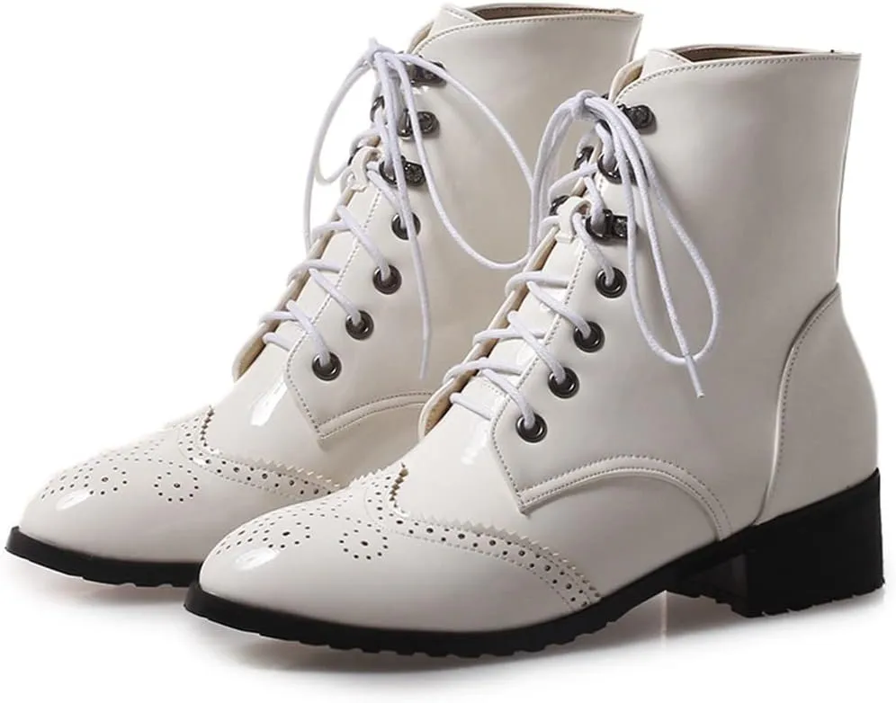 KIKIVIVI Womens Patent Leather Lace Up Chunky Low Heel Brogue Ankle Boots