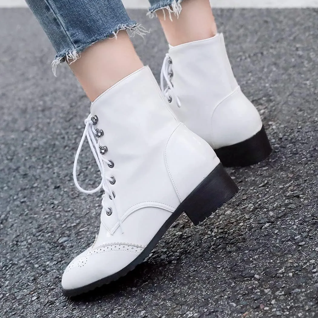 KIKIVIVI Womens Patent Leather Lace Up Chunky Low Heel Brogue Ankle Boots