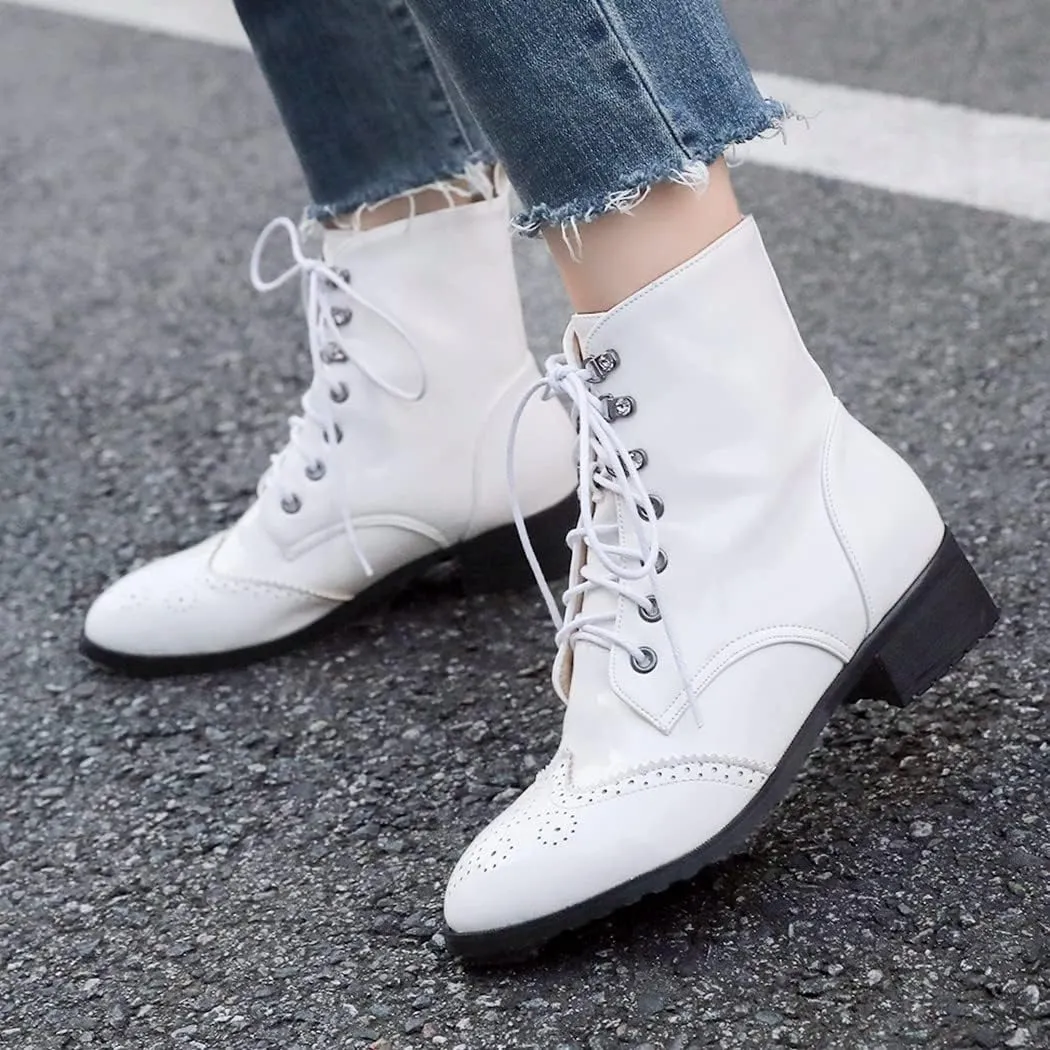KIKIVIVI Womens Patent Leather Lace Up Chunky Low Heel Brogue Ankle Boots