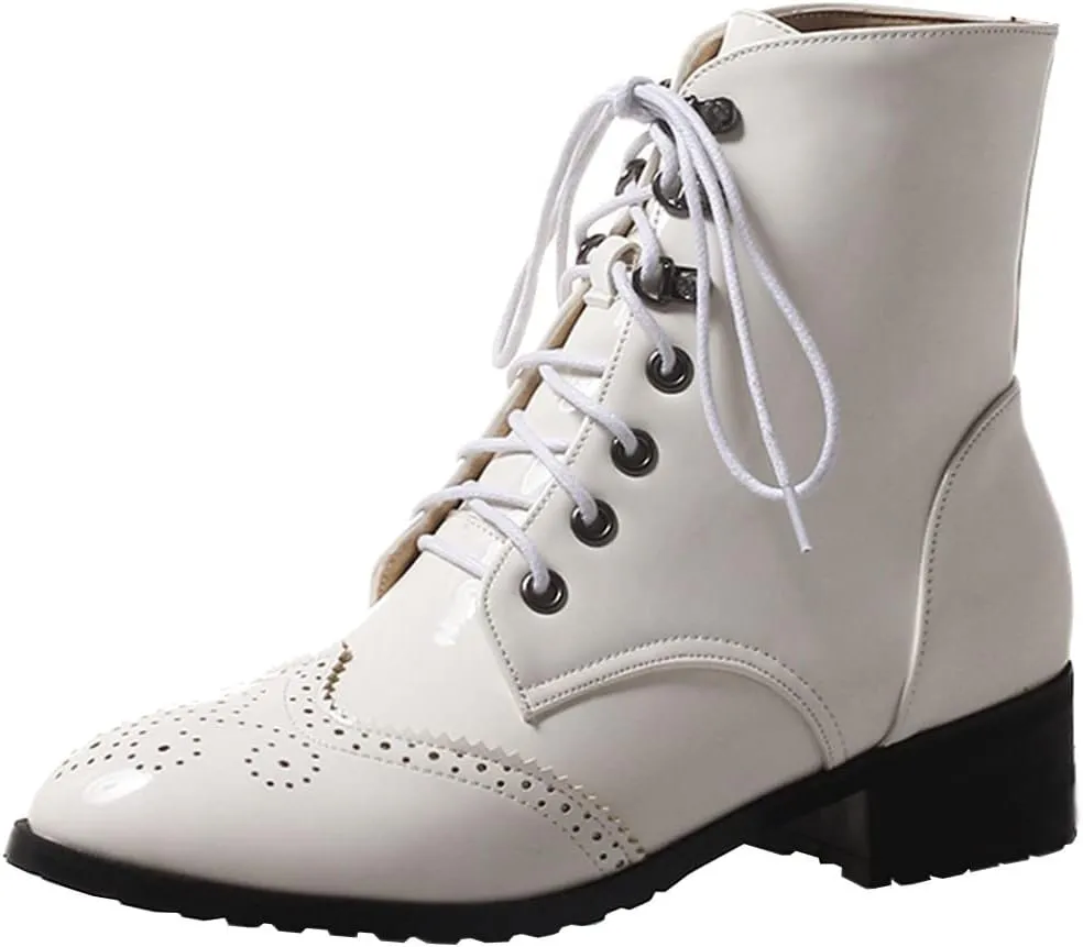 KIKIVIVI Womens Patent Leather Lace Up Chunky Low Heel Brogue Ankle Boots