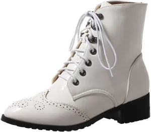 KIKIVIVI Womens Patent Leather Lace Up Chunky Low Heel Brogue Ankle Boots