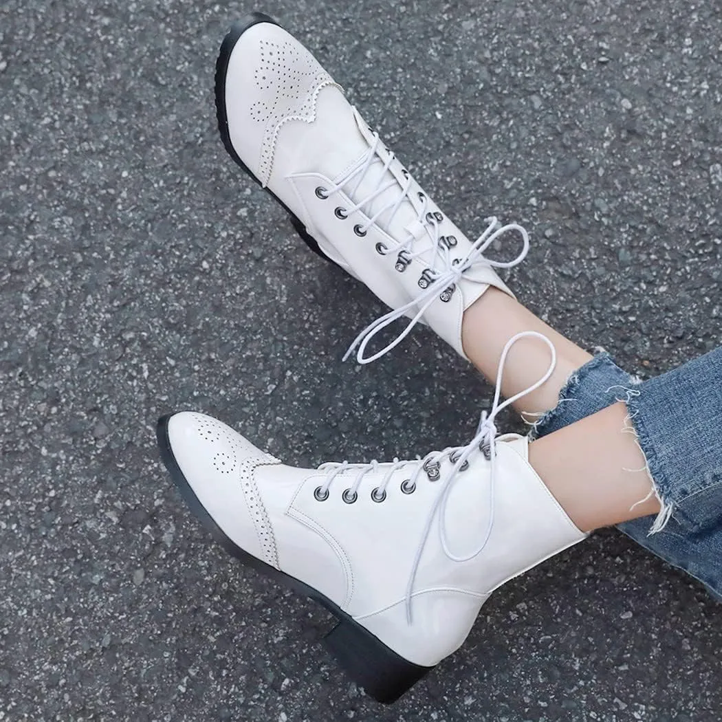 KIKIVIVI Womens Patent Leather Lace Up Chunky Low Heel Brogue Ankle Boots