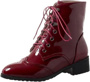 KIKIVIVI Womens Patent Leather Lace Up Chunky Low Heel Brogue Ankle Boots