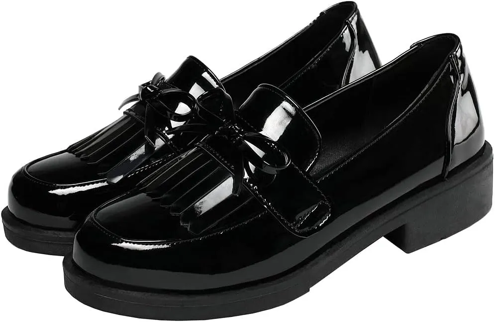 KOKOMOMO Womens Tassel Patent Leather Low Heel Loafers Cosplay Uniform Shoes
