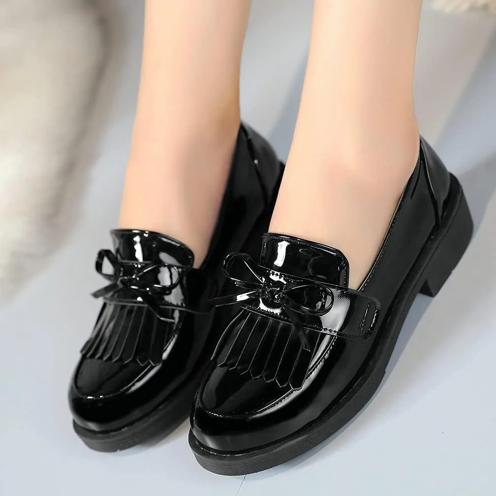 KOKOMOMO Womens Tassel Patent Leather Low Heel Loafers Cosplay Uniform Shoes