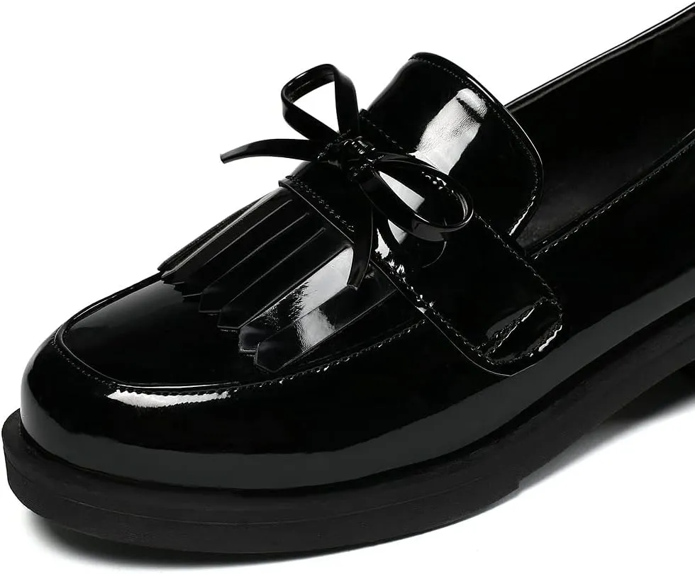 KOKOMOMO Womens Tassel Patent Leather Low Heel Loafers Cosplay Uniform Shoes