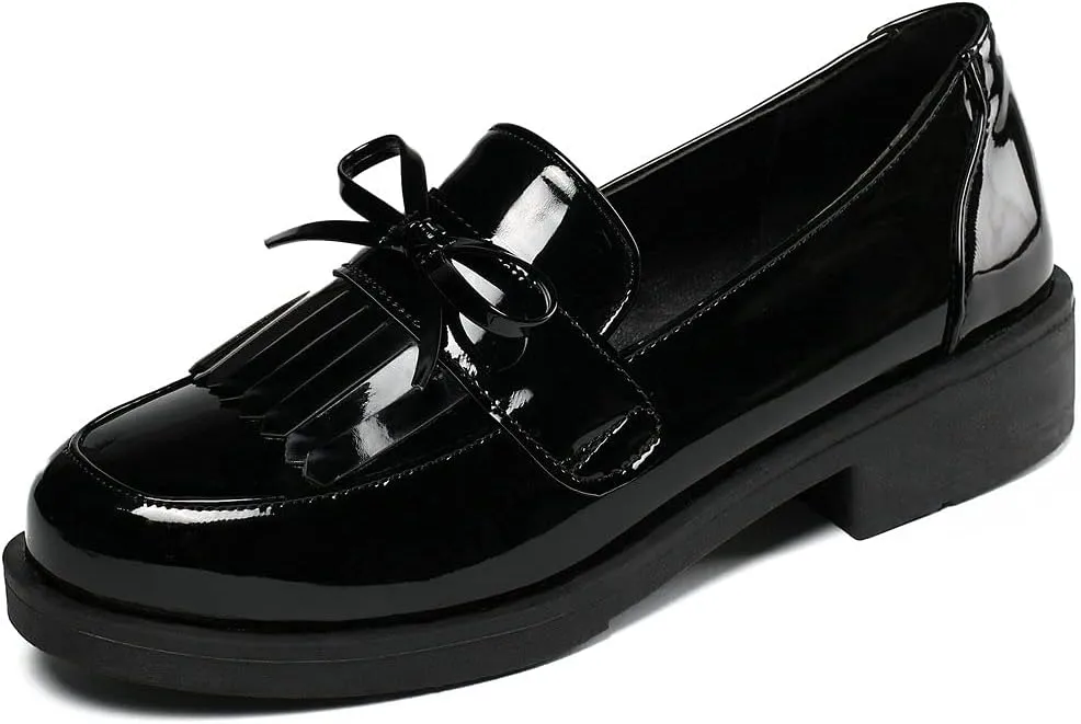 KOKOMOMO Womens Tassel Patent Leather Low Heel Loafers Cosplay Uniform Shoes