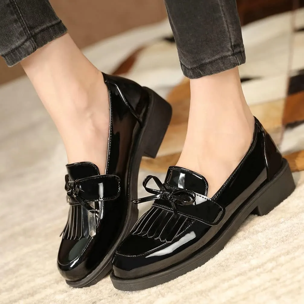 KOKOMOMO Womens Tassel Patent Leather Low Heel Loafers Cosplay Uniform Shoes
