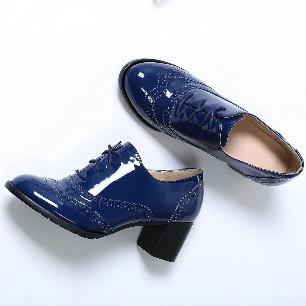 KOKOMOMO Womens Wingtip Heels Patent Leather Chunky Oxfords Vintage Lace Up Brogue Shoes