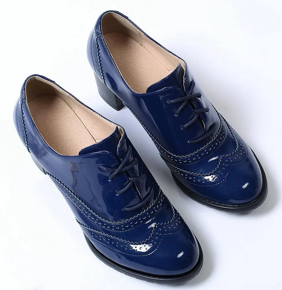KOKOMOMO Womens Wingtip Heels Patent Leather Chunky Oxfords Vintage Lace Up Brogue Shoes