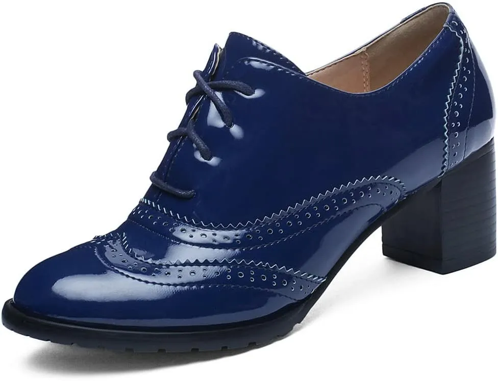 KOKOMOMO Womens Wingtip Heels Patent Leather Chunky Oxfords Vintage Lace Up Brogue Shoes