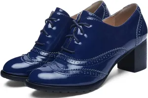KOKOMOMO Womens Wingtip Heels Patent Leather Chunky Oxfords Vintage Lace Up Brogue Shoes
