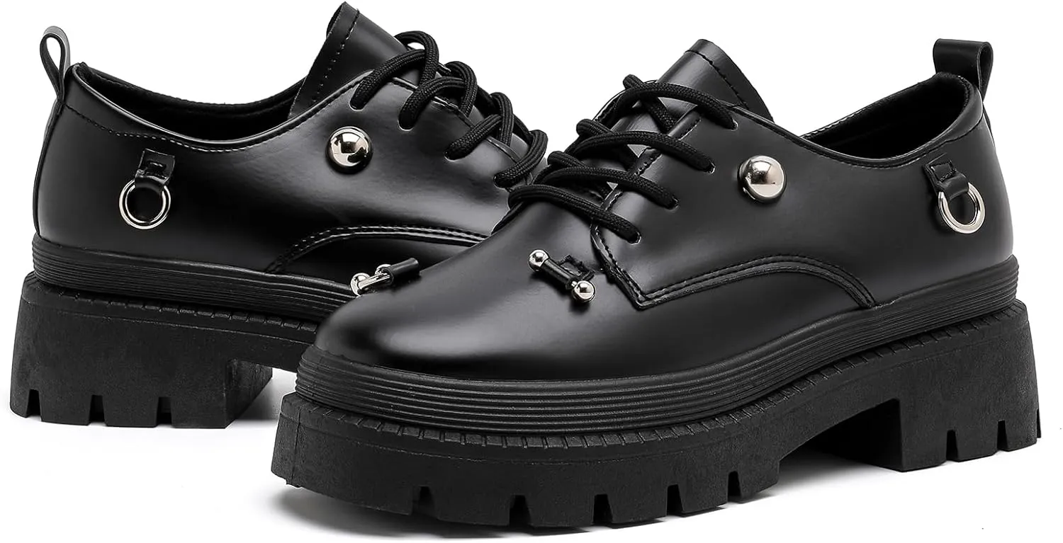 MEMON Oxford Shoes for Women,Platform Oxfords for Women,Low Heel Lace-Up Chunky Classic Oxford,Business Work Office Dress Shoes