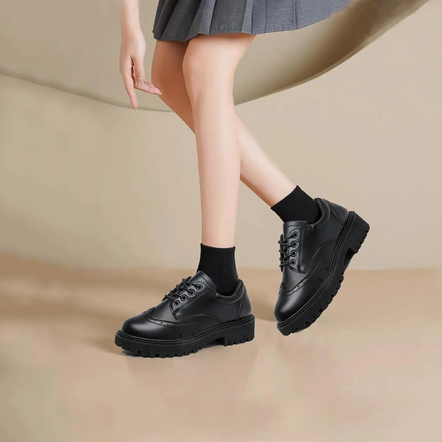 MEMON Oxford Shoes for Women,Platform Oxfords for Women,Low Heel Lace-Up Chunky Classic Oxford,Business Work Office Dress Shoes