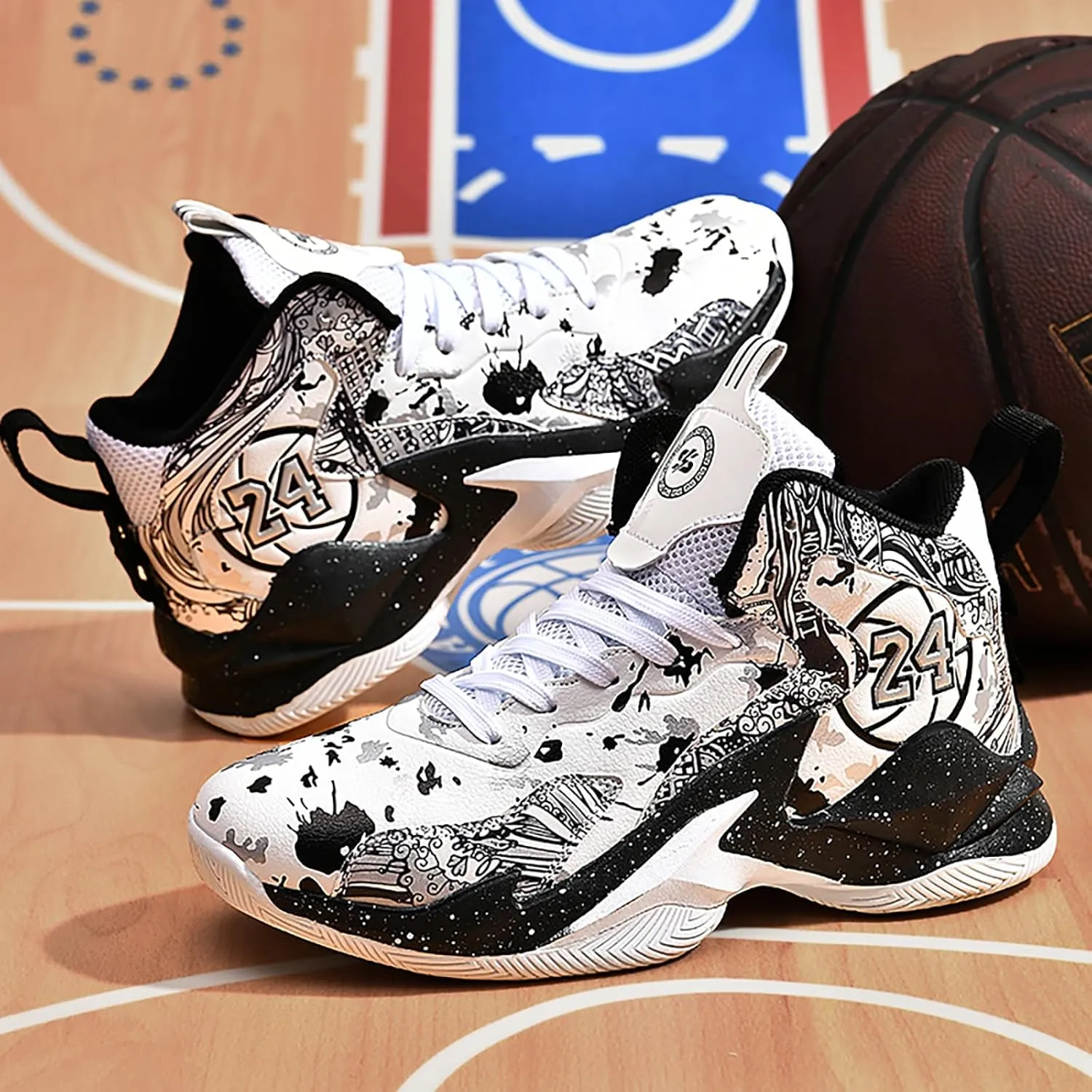 Men's Basketball Shoes No-Slip Breathable Outdoor Shoes Women's Fashion Graffiti Training Shoes