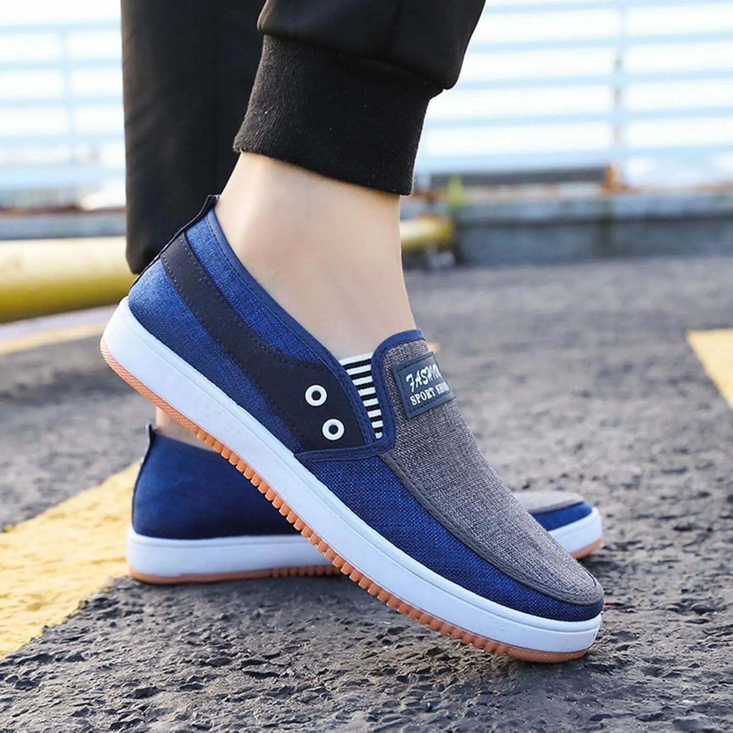 Men's Business Casual Shoes Comfortable Breathable Stretch Canvas Slip on Sneaker Soft Flat Soled Elderly Shoes