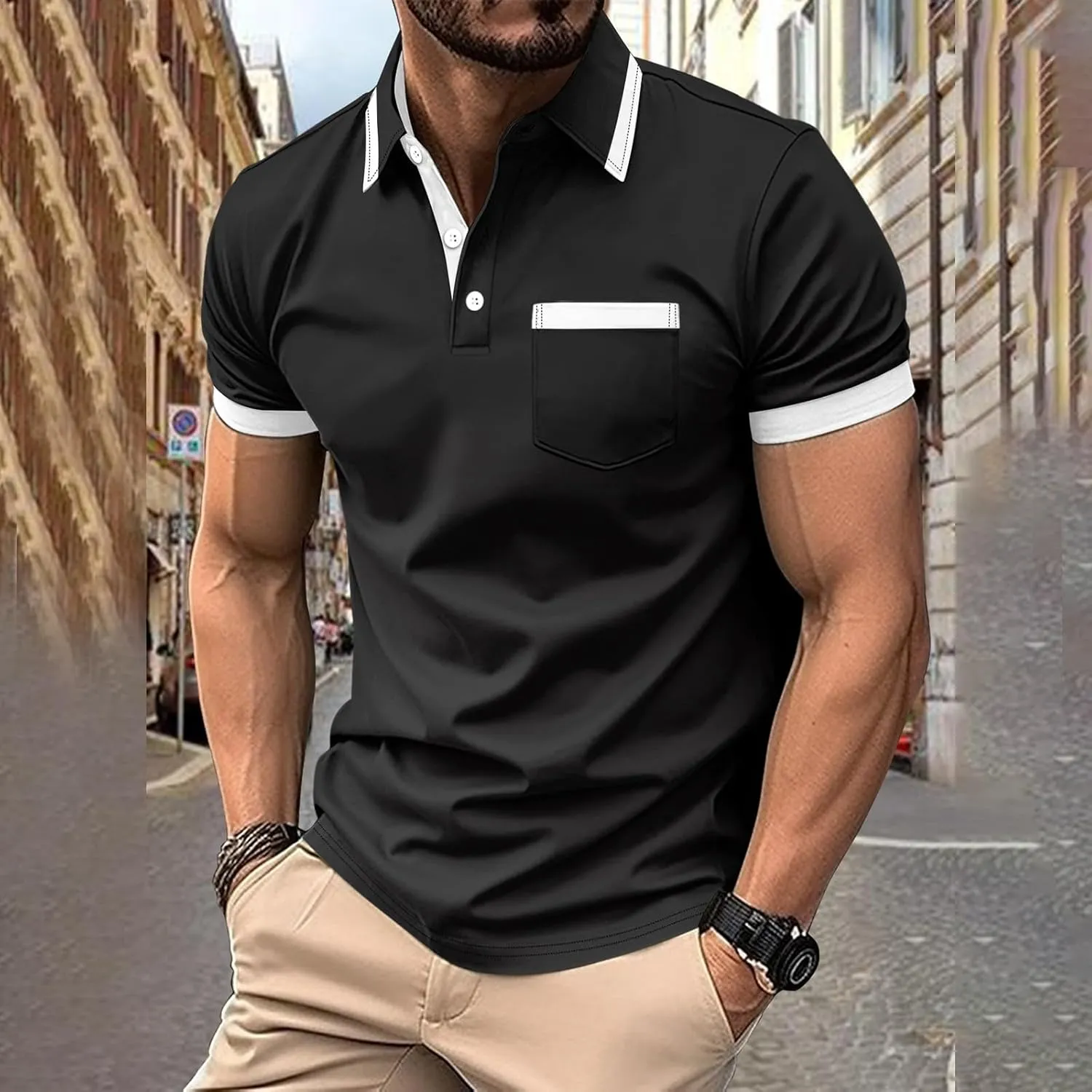 Mens Classic Striped Golf Shirt Moisture Wicking Quick Dry Slim Fit T-Shirts Performance Sport Short Sleeve Collared