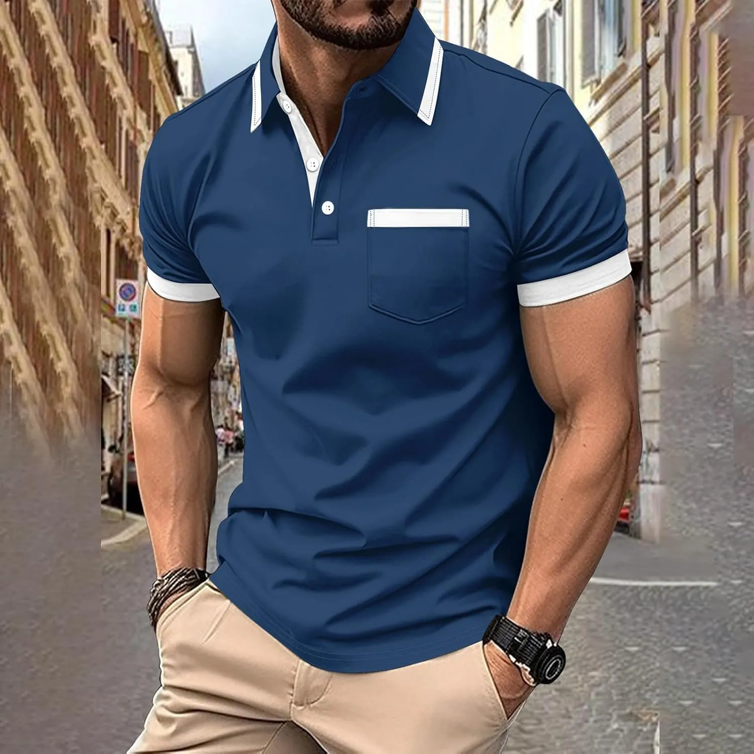 Mens Classic Striped Golf Shirt Moisture Wicking Quick Dry Slim Fit T-Shirts Performance Sport Short Sleeve Collared