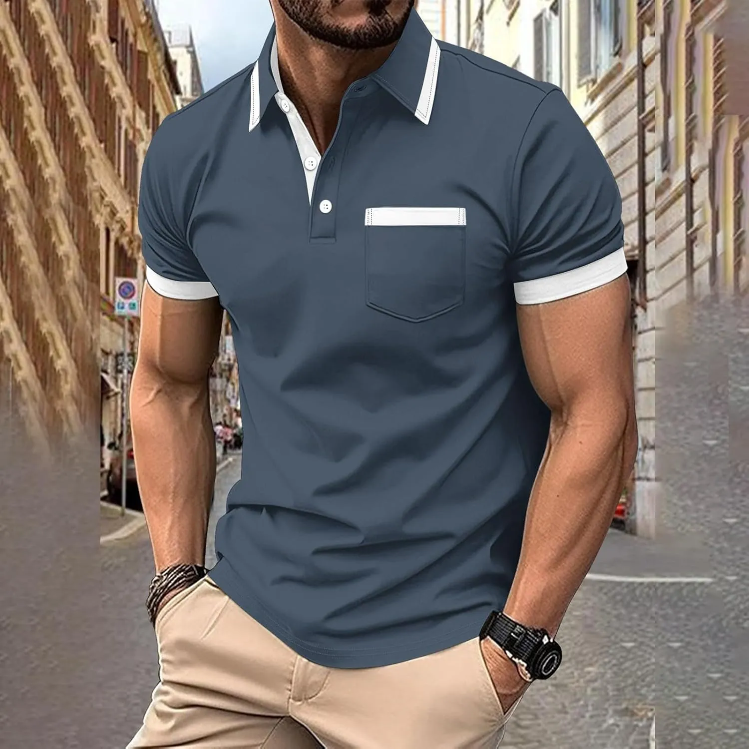 Mens Classic Striped Golf Shirt Moisture Wicking Quick Dry Slim Fit T-Shirts Performance Sport Short Sleeve Collared