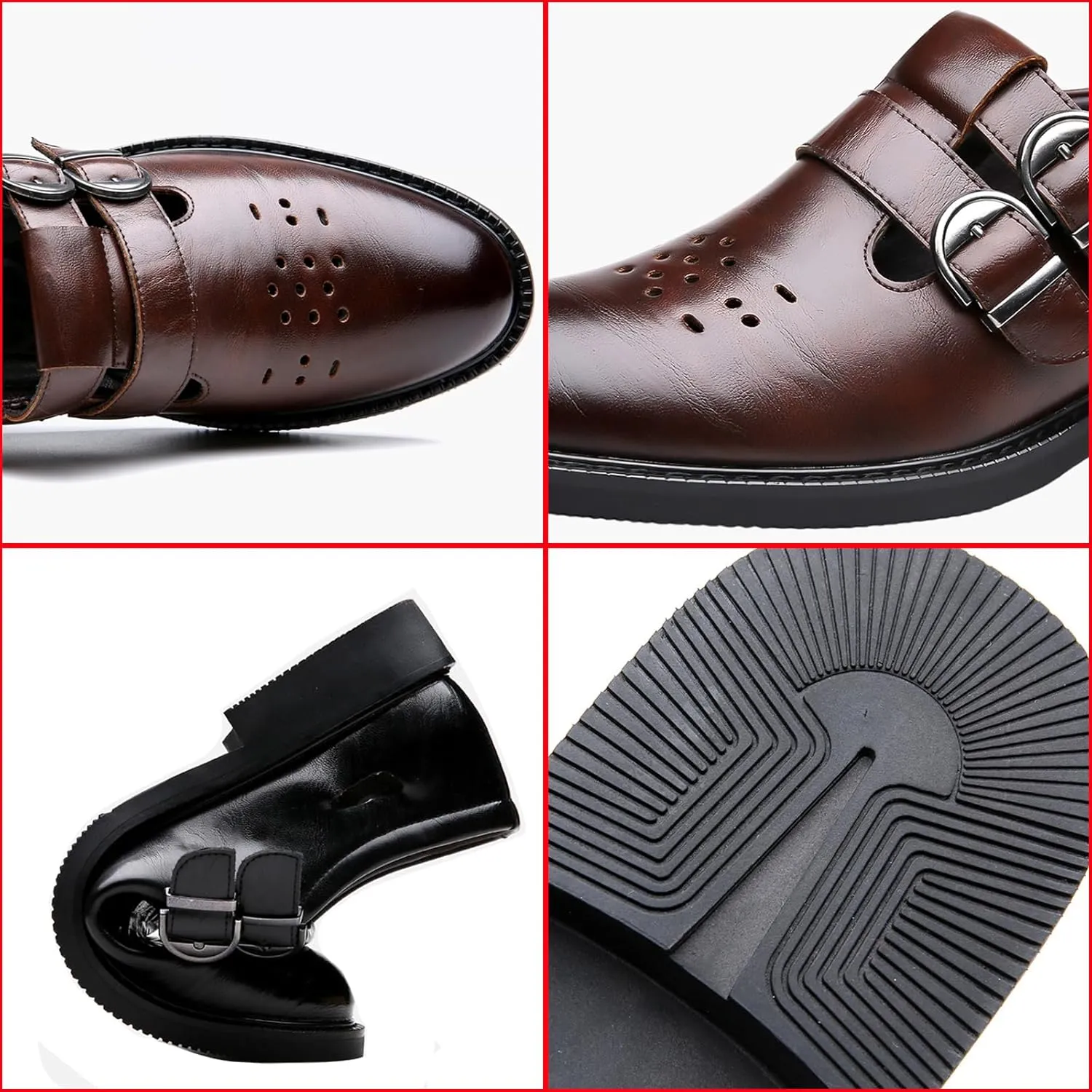 Men's Leather Hollow Oxfords Loafers with Double Buckle Fashion Closed Toe Low Top Slip On Dress Shoes Summer Breathable Business Formal Derby Shoes