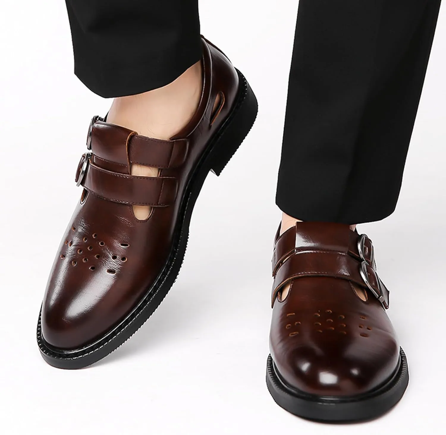 Men's Leather Hollow Oxfords Loafers with Double Buckle Fashion Closed Toe Low Top Slip On Dress Shoes Summer Breathable Business Formal Derby Shoes