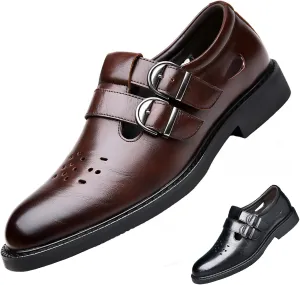 Men's Leather Hollow Oxfords Loafers with Double Buckle Fashion Closed Toe Low Top Slip On Dress Shoes Summer Breathable Business Formal Derby Shoes